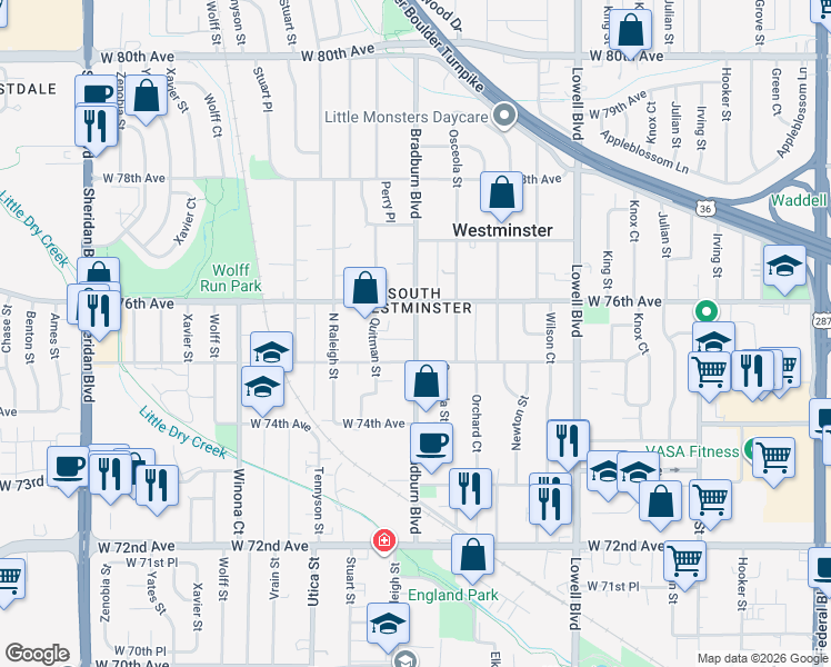map of restaurants, bars, coffee shops, grocery stores, and more near 7585 Bradburn Boulevard in Westminster