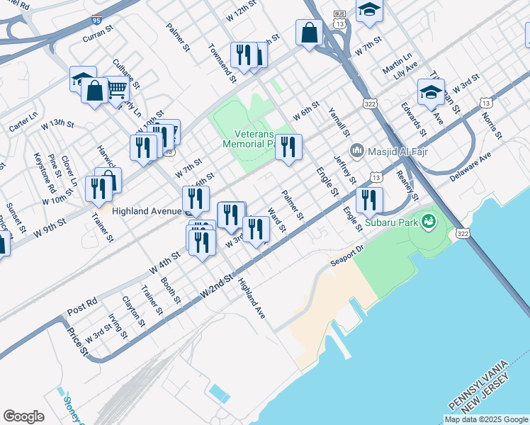 map of restaurants, bars, coffee shops, grocery stores, and more near 2503 West 4th Street in Chester