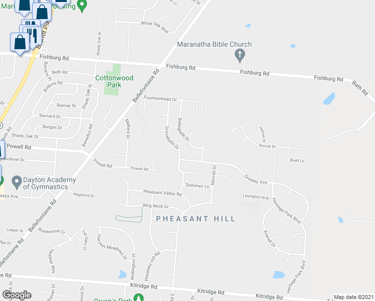 map of restaurants, bars, coffee shops, grocery stores, and more near 6827 Belleglade Drive in Dayton