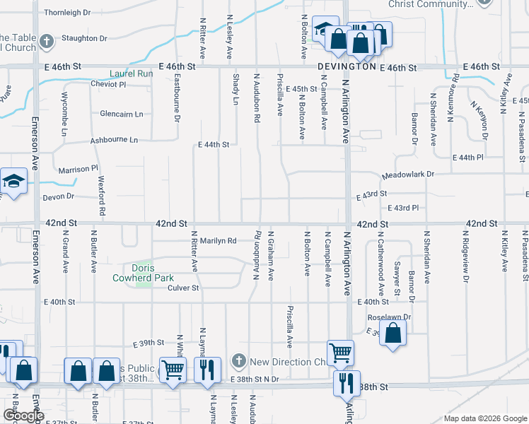 map of restaurants, bars, coffee shops, grocery stores, and more near 4231 North Audubon Road in Indianapolis