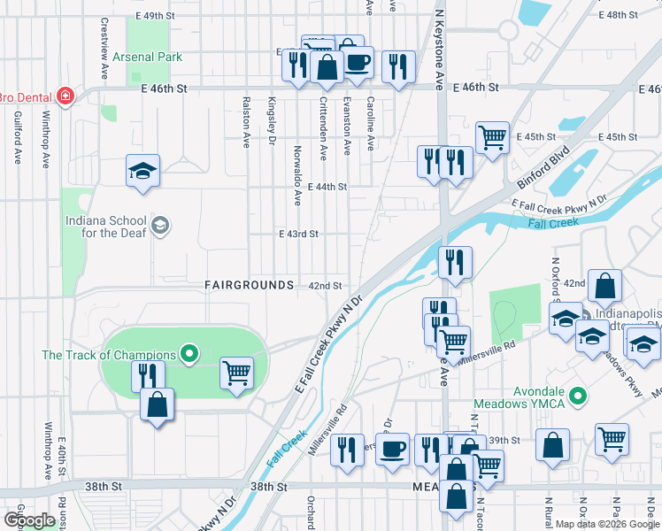 map of restaurants, bars, coffee shops, grocery stores, and more near 4239 Crittenden Avenue in Indianapolis