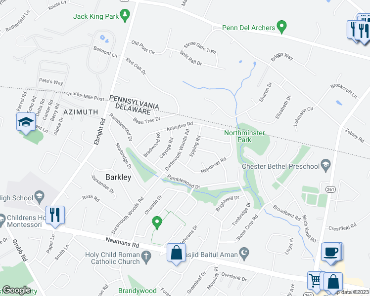 map of restaurants, bars, coffee shops, grocery stores, and more near 2616 Dartmouth Woods Road in Wilmington