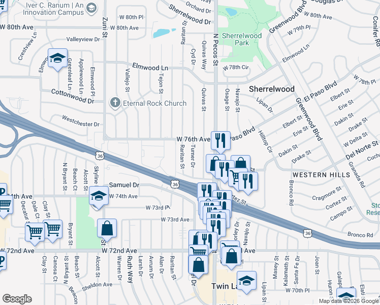 map of restaurants, bars, coffee shops, grocery stores, and more near 7602 Shoshone Street in Denver