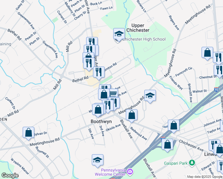 map of restaurants, bars, coffee shops, grocery stores, and more near 1102 Randall Avenue in Boothwyn