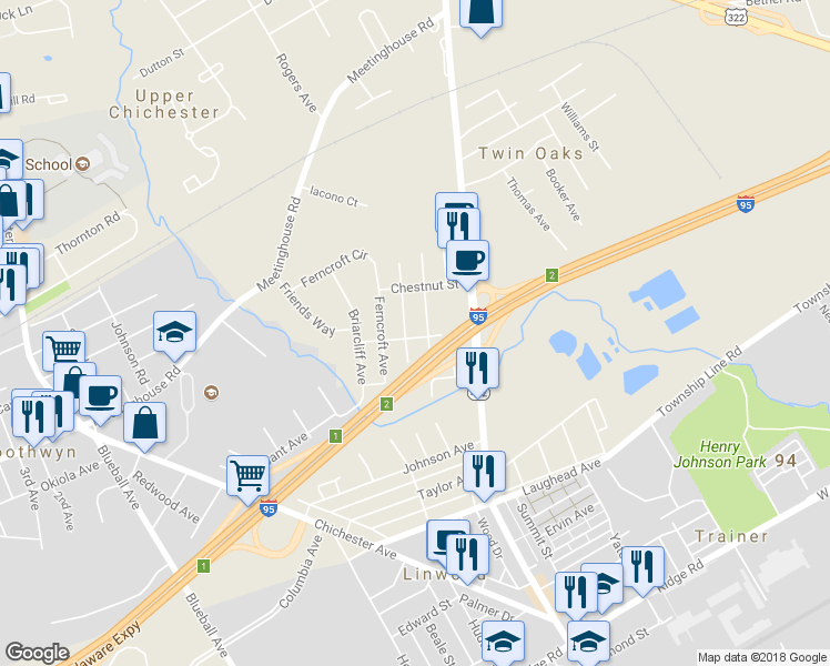 map of restaurants, bars, coffee shops, grocery stores, and more near 204 Walnut Street in Boothwyn