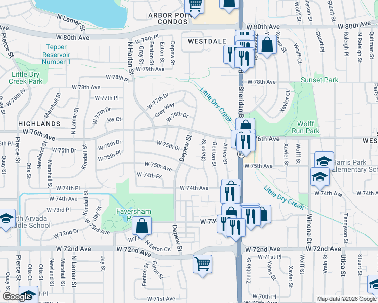 map of restaurants, bars, coffee shops, grocery stores, and more near 7565 Chase Street in Arvada