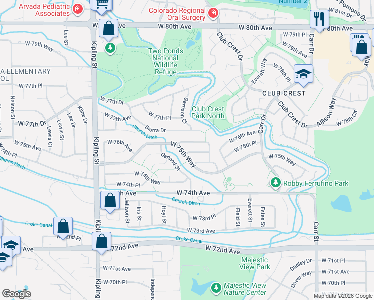 map of restaurants, bars, coffee shops, grocery stores, and more near 9332 West 76th Avenue in Arvada