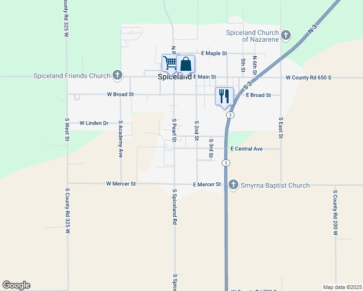 map of restaurants, bars, coffee shops, grocery stores, and more near 106 East Central Avenue in Spiceland