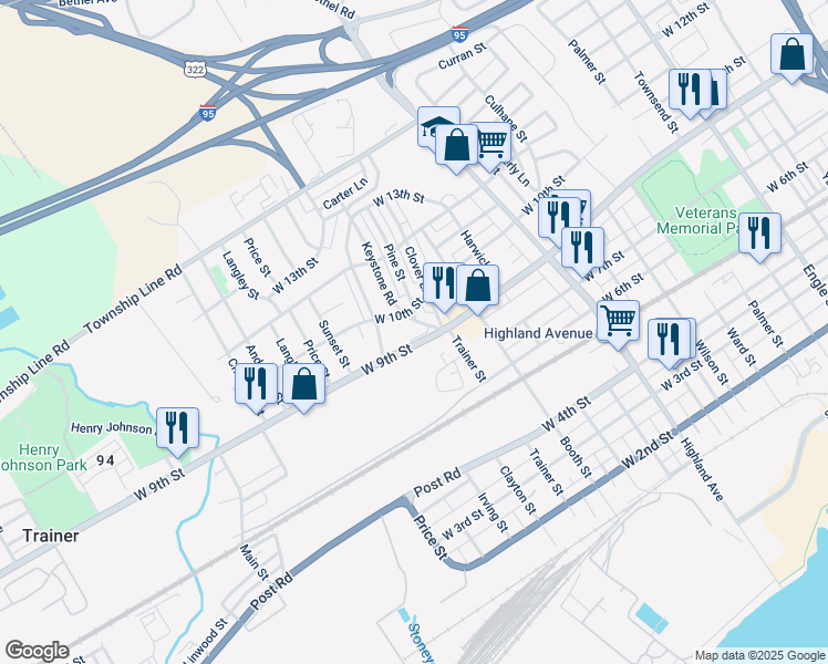 map of restaurants, bars, coffee shops, grocery stores, and more near 3200 West 9th Street in Chester