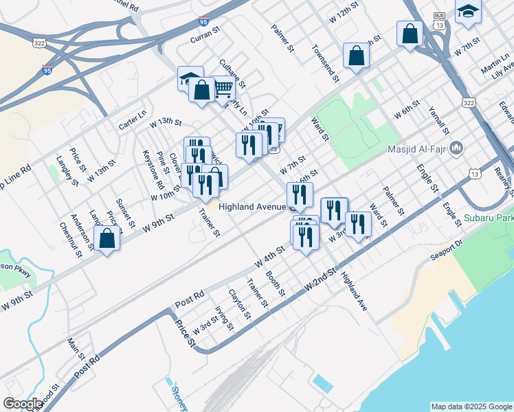 map of restaurants, bars, coffee shops, grocery stores, and more near 2924 West 6th Street in Chester