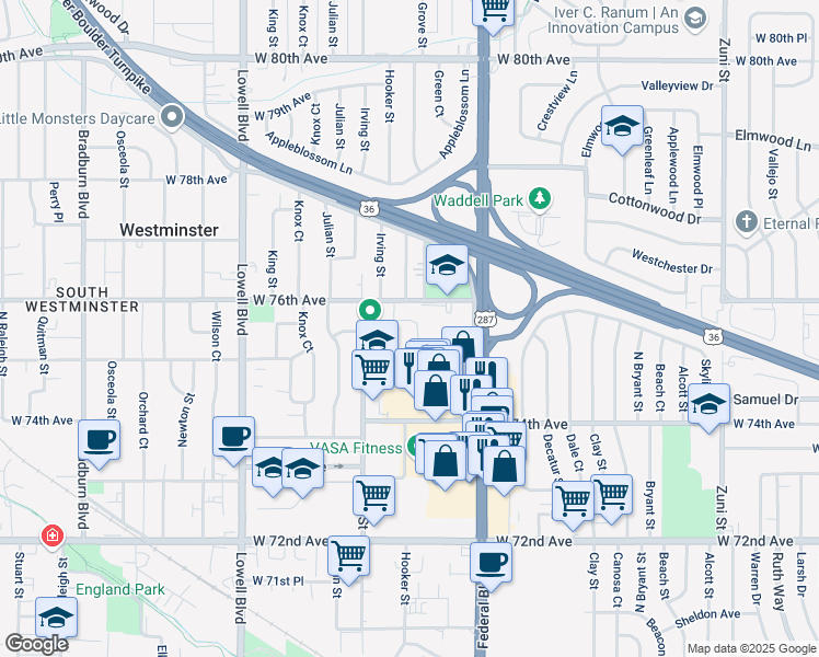 map of restaurants, bars, coffee shops, grocery stores, and more near 3290 West 76th Avenue in Westminster