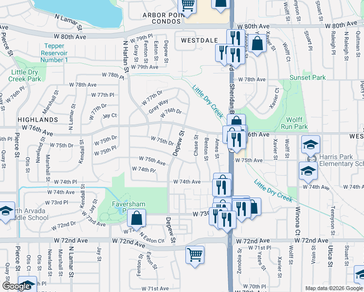 map of restaurants, bars, coffee shops, grocery stores, and more near 7565 Chase Street in Arvada