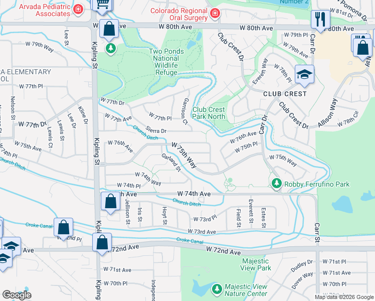 map of restaurants, bars, coffee shops, grocery stores, and more near 9332 W 76th Ave in Arvada