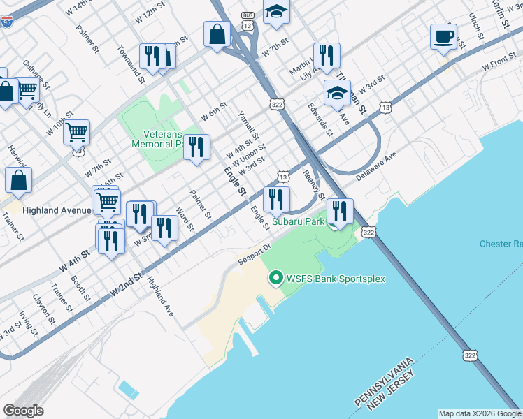 map of restaurants, bars, coffee shops, grocery stores, and more near 114 Jeffrey Street in Chester