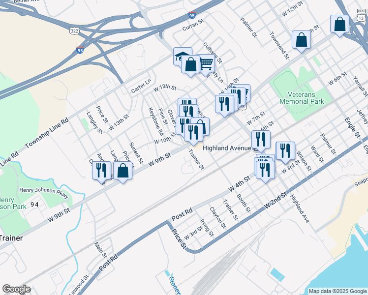 map of restaurants, bars, coffee shops, grocery stores, and more near 3116 West 9th Street in Chester