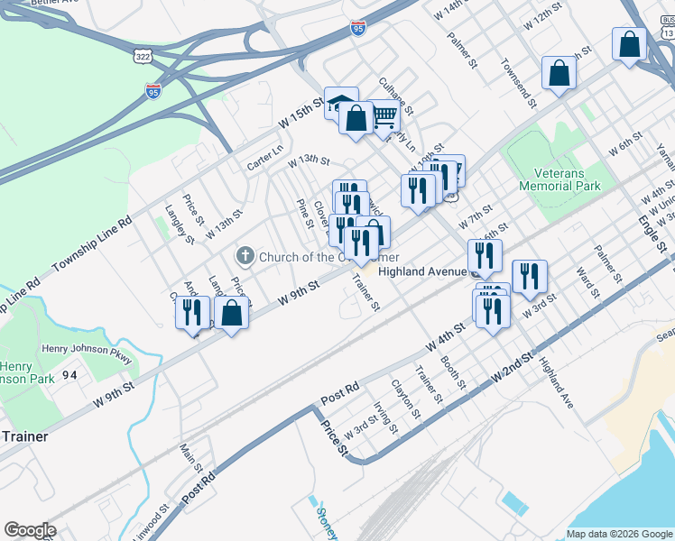 map of restaurants, bars, coffee shops, grocery stores, and more near 3116 West 9th Street in Chester