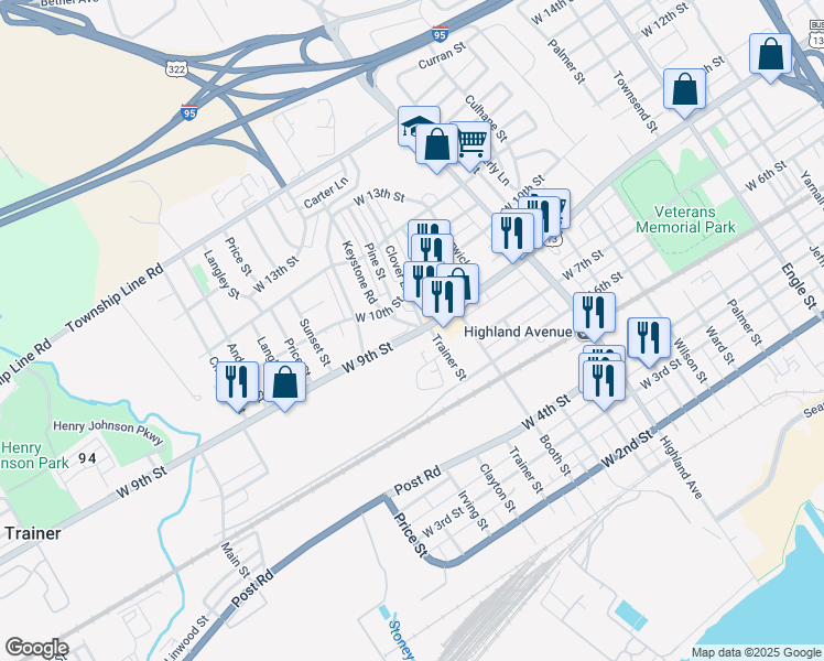 map of restaurants, bars, coffee shops, grocery stores, and more near 3116 West 9th Street in Chester