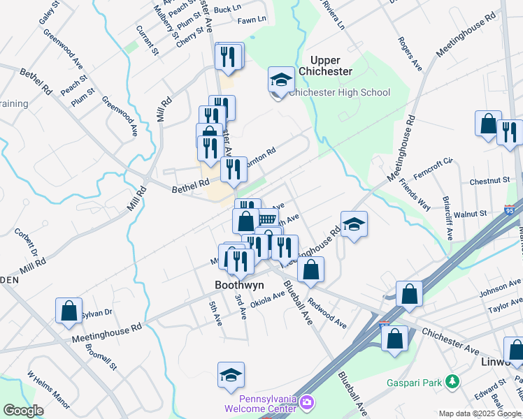map of restaurants, bars, coffee shops, grocery stores, and more near 1102 Randall Avenue in Boothwyn