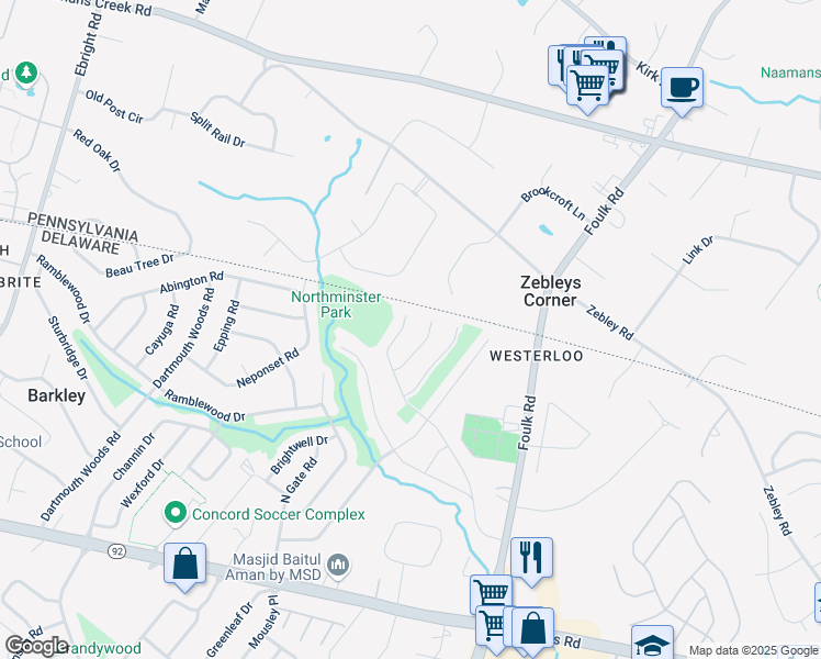 map of restaurants, bars, coffee shops, grocery stores, and more near 123 Birch Knoll Road in Wilmington