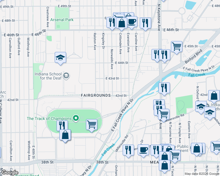 map of restaurants, bars, coffee shops, grocery stores, and more near 4239 Norwaldo Avenue in Indianapolis