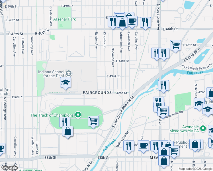map of restaurants, bars, coffee shops, grocery stores, and more near 4229 Kingsley Drive in Indianapolis