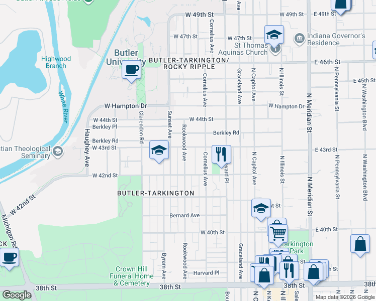 map of restaurants, bars, coffee shops, grocery stores, and more near 456 West 43rd Street in Indianapolis