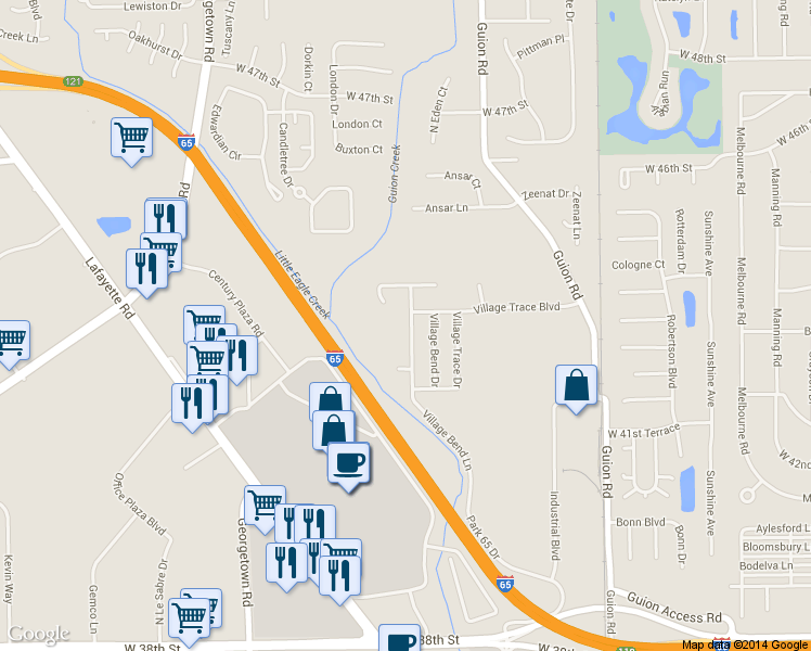 map of restaurants, bars, coffee shops, grocery stores, and more near 4325 Village Bend Lane in Indianapolis
