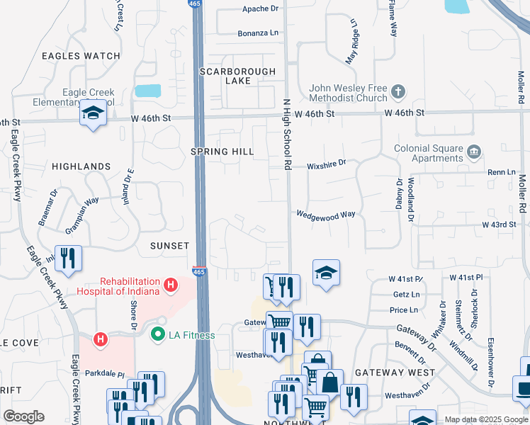 map of restaurants, bars, coffee shops, grocery stores, and more near 4390 North High School Road in Indianapolis