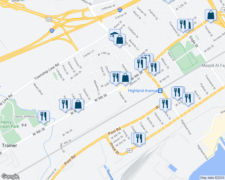 map of restaurants, bars, coffee shops, grocery stores, and more near 3116 West 9th Street in Chester