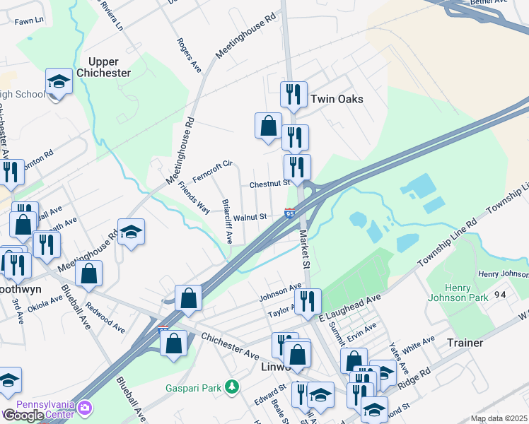 map of restaurants, bars, coffee shops, grocery stores, and more near 204 Walnut Street in Boothwyn