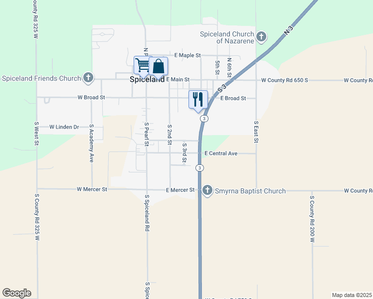 map of restaurants, bars, coffee shops, grocery stores, and more near 408 South 3rd Street in Spiceland