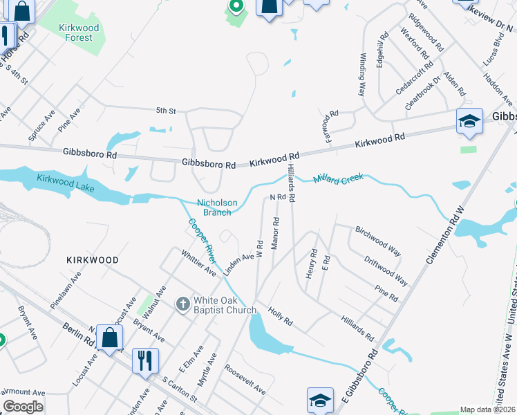 map of restaurants, bars, coffee shops, grocery stores, and more near 65 West Road in Gibbsboro