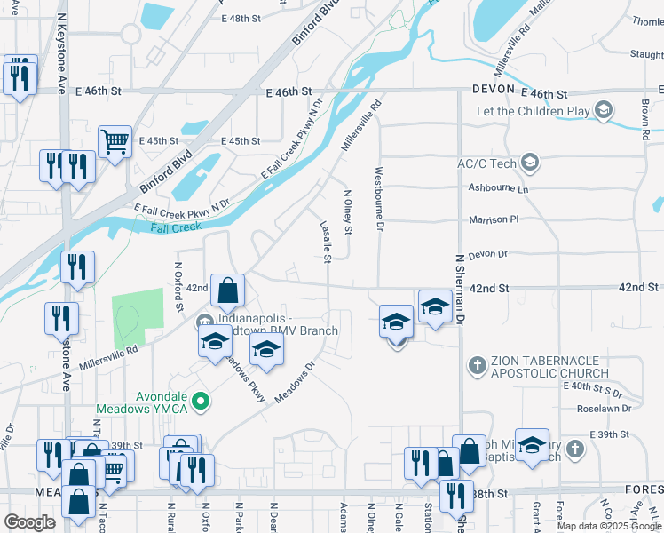 map of restaurants, bars, coffee shops, grocery stores, and more near 3301 East 43rd Street in Indianapolis