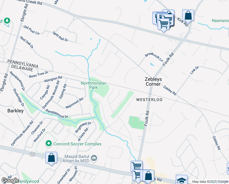 map of restaurants, bars, coffee shops, grocery stores, and more near 123 Birch Knoll Road in Wilmington