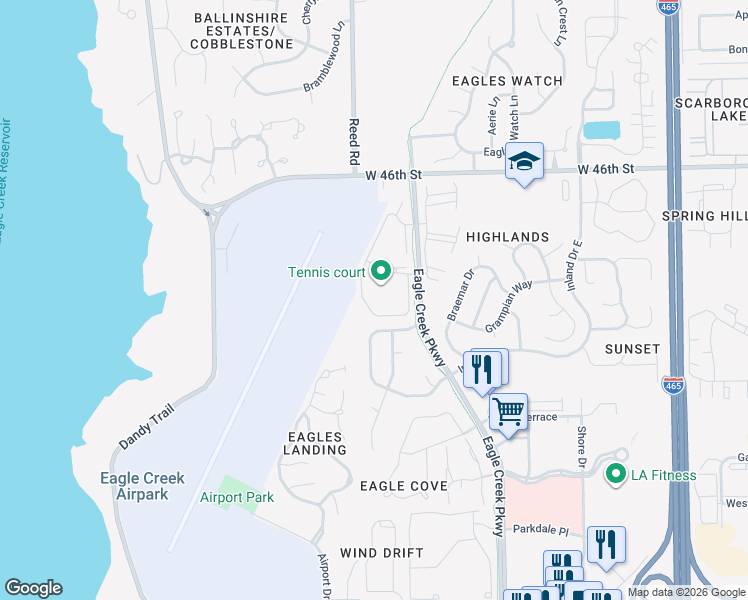 map of restaurants, bars, coffee shops, grocery stores, and more near 4291 Village Parkway Circle West in Indianapolis