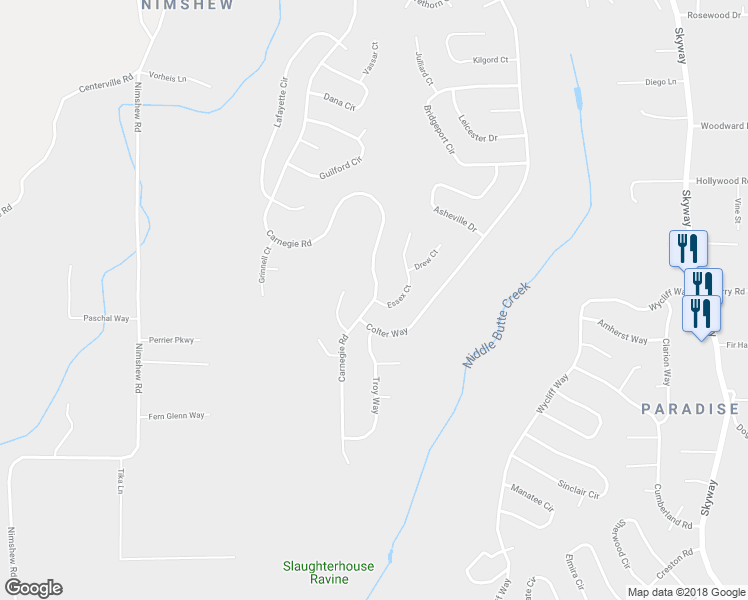 map of restaurants, bars, coffee shops, grocery stores, and more near Carnegie Road & Essex Court in Magalia