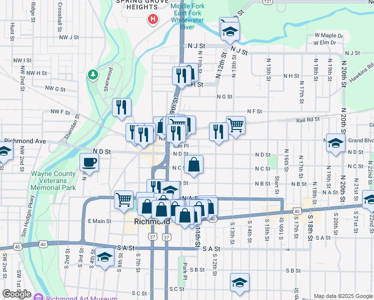 map of restaurants, bars, coffee shops, grocery stores, and more near 406 North 11th Street in Richmond
