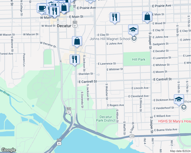 map of restaurants, bars, coffee shops, grocery stores, and more near 736 South Martin Luther King Junior Drive in Decatur