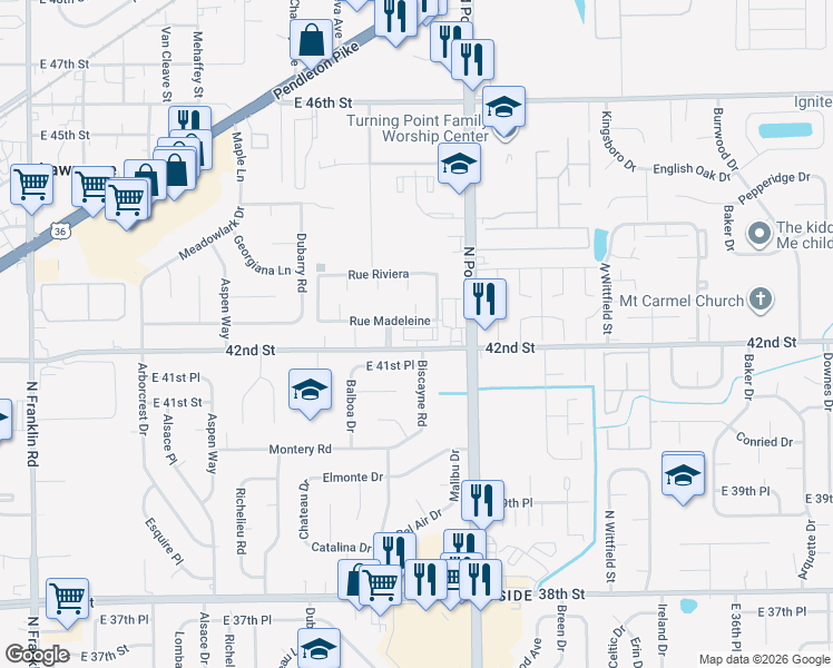 map of restaurants, bars, coffee shops, grocery stores, and more near 8944 East 42nd Street in Lawrence