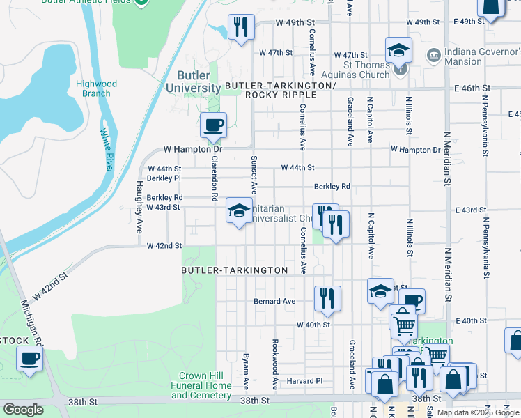 map of restaurants, bars, coffee shops, grocery stores, and more near 606 West 43rd Street in Indianapolis