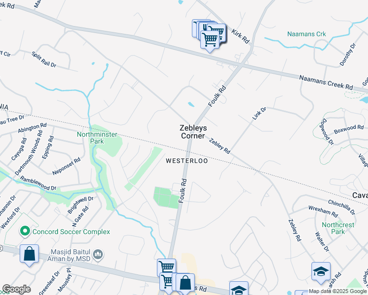 map of restaurants, bars, coffee shops, grocery stores, and more near 3823 Foulk Road in Garnet Valley