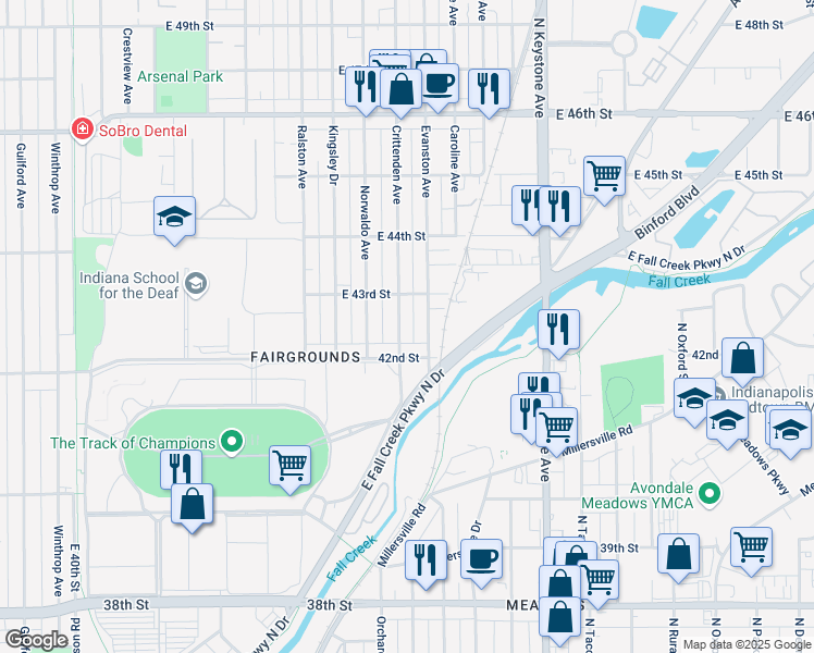 map of restaurants, bars, coffee shops, grocery stores, and more near 4239 Crittenden Avenue in Indianapolis