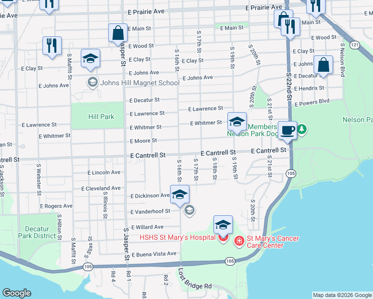 map of restaurants, bars, coffee shops, grocery stores, and more near 1612 East Cantrell Street in Decatur