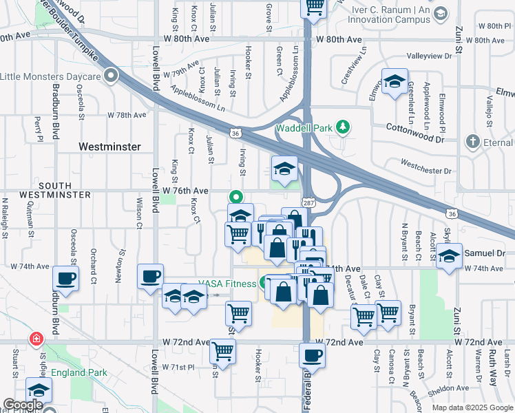 map of restaurants, bars, coffee shops, grocery stores, and more near 3290 West 76th Avenue in Westminster