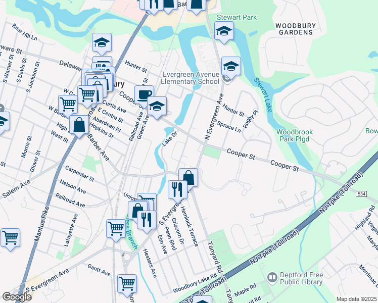 map of restaurants, bars, coffee shops, grocery stores, and more near 325 Cooper Street in Woodbury