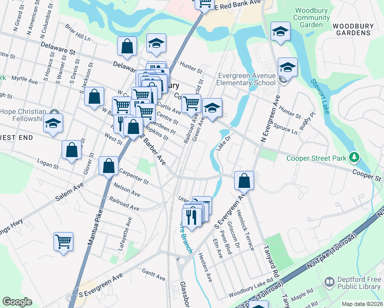 map of restaurants, bars, coffee shops, grocery stores, and more near 122-124 Green Avenue in Woodbury