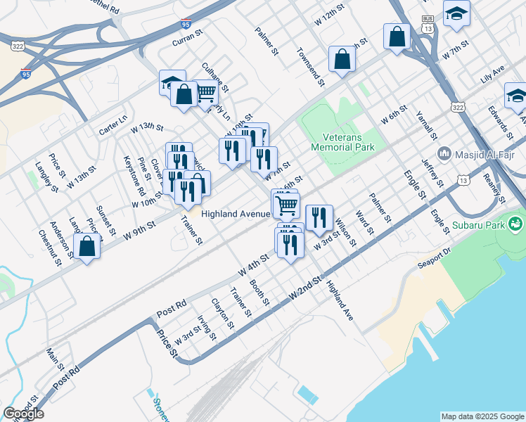 map of restaurants, bars, coffee shops, grocery stores, and more near 2830 West 6th Street in Chester