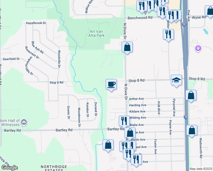 map of restaurants, bars, coffee shops, grocery stores, and more near 2970 Stop 8 Road in Dayton