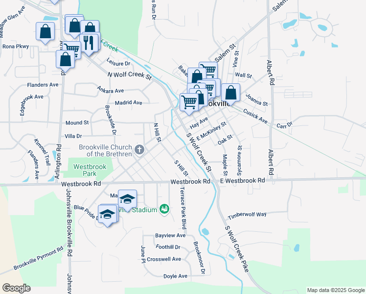 map of restaurants, bars, coffee shops, grocery stores, and more near 34 McKinley Street in Brookville