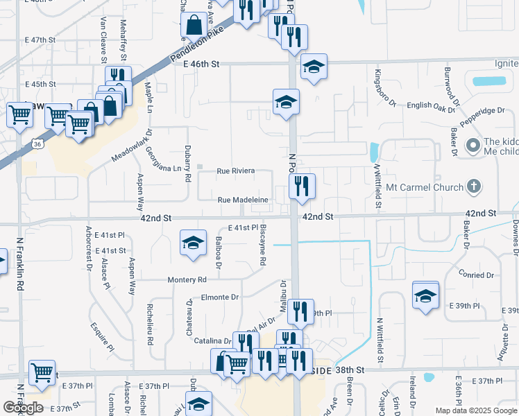 map of restaurants, bars, coffee shops, grocery stores, and more near 8944 East 42nd Street in Lawrence